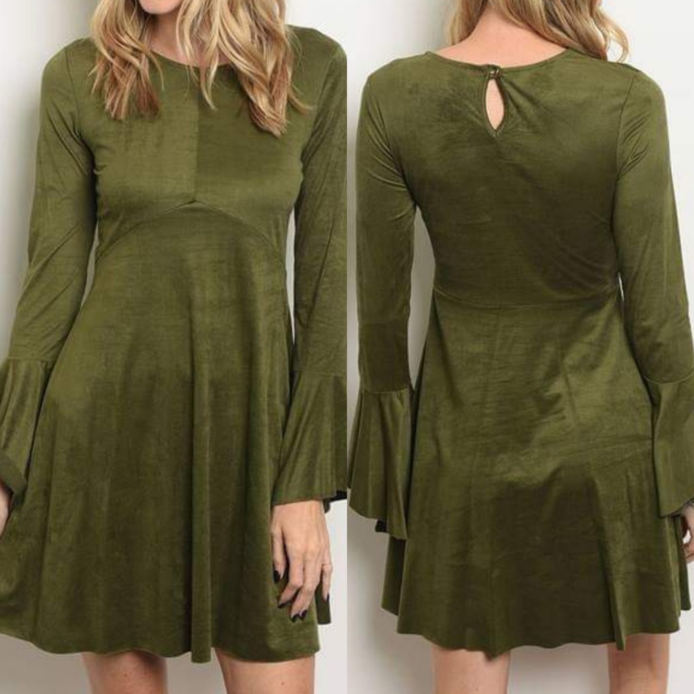 Delaney Faux Suede Flare Sleeve Dress (Olive)